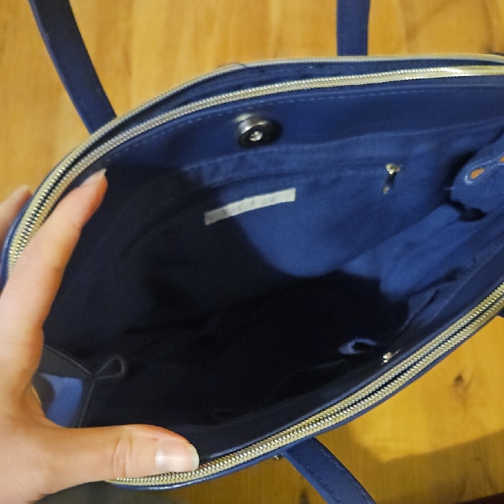 Kenneth Cole Reaction Navy Structured Satchel with Gold Accents - Picture 3 of 5